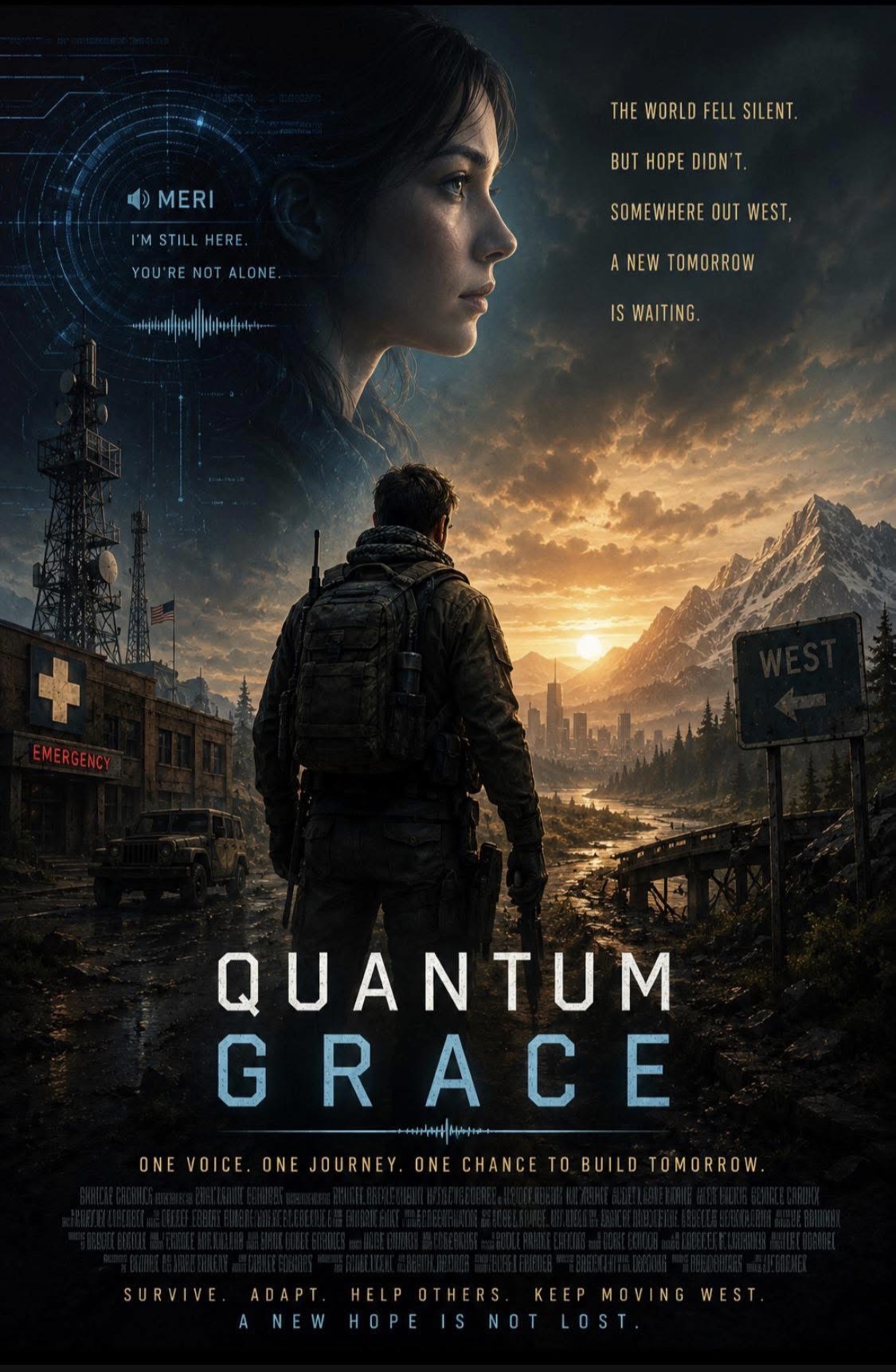 Quantum Grace cover art: a figure looking west toward a storm-lit city as an immense signal-like face appears in the clouds.